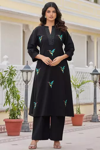 Women Animal Embroidered Regular Thread Work Pure Cotton Kurta with Palazzos