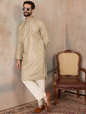 Mens olive jacquard ethnic motifs embroidered kurta 5