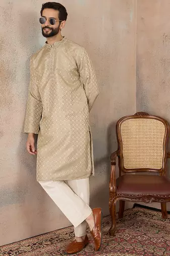 Mens olive jacquard ethnic motifs embroidered kurta