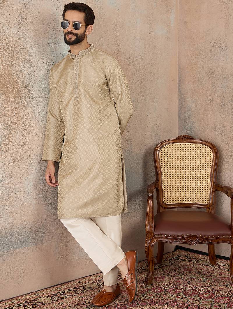 Mens olive jacquard ethnic motifs embroidered kurta