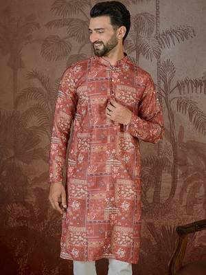Mens silk blend pink abstract printed kurta 2
