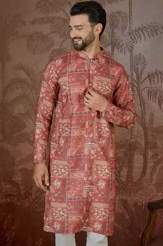 Mens silk blend pink abstract printed kurta