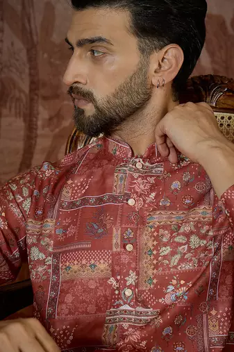 Mens silk blend pink abstract printed kurta
