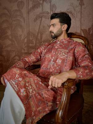 Mens silk blend pink abstract printed kurta 3