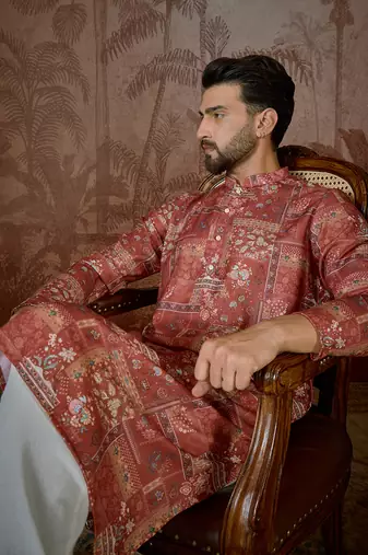 Mens silk blend pink abstract printed kurta