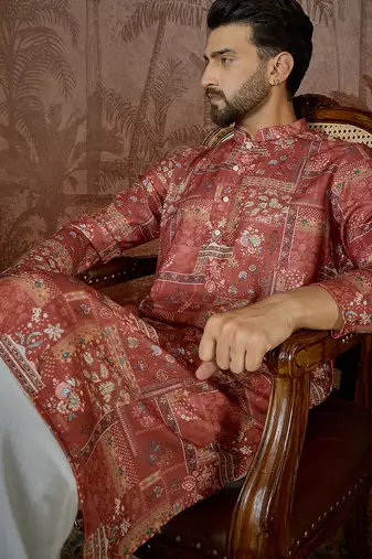 Mens silk blend pink abstract printed kurta