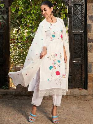 Floral Embroidered Pure Cotton Straight Kurta With Trousers & Dupatta 1