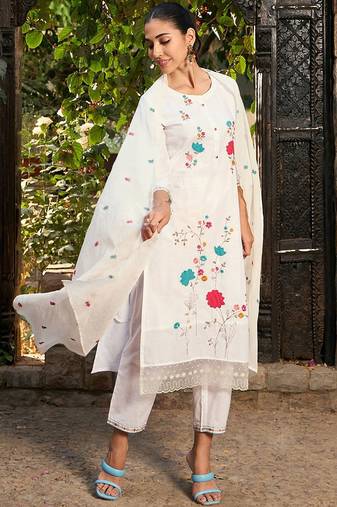 Floral Embroidered Pure Cotton Straight Kurta With Trousers & Dupatta