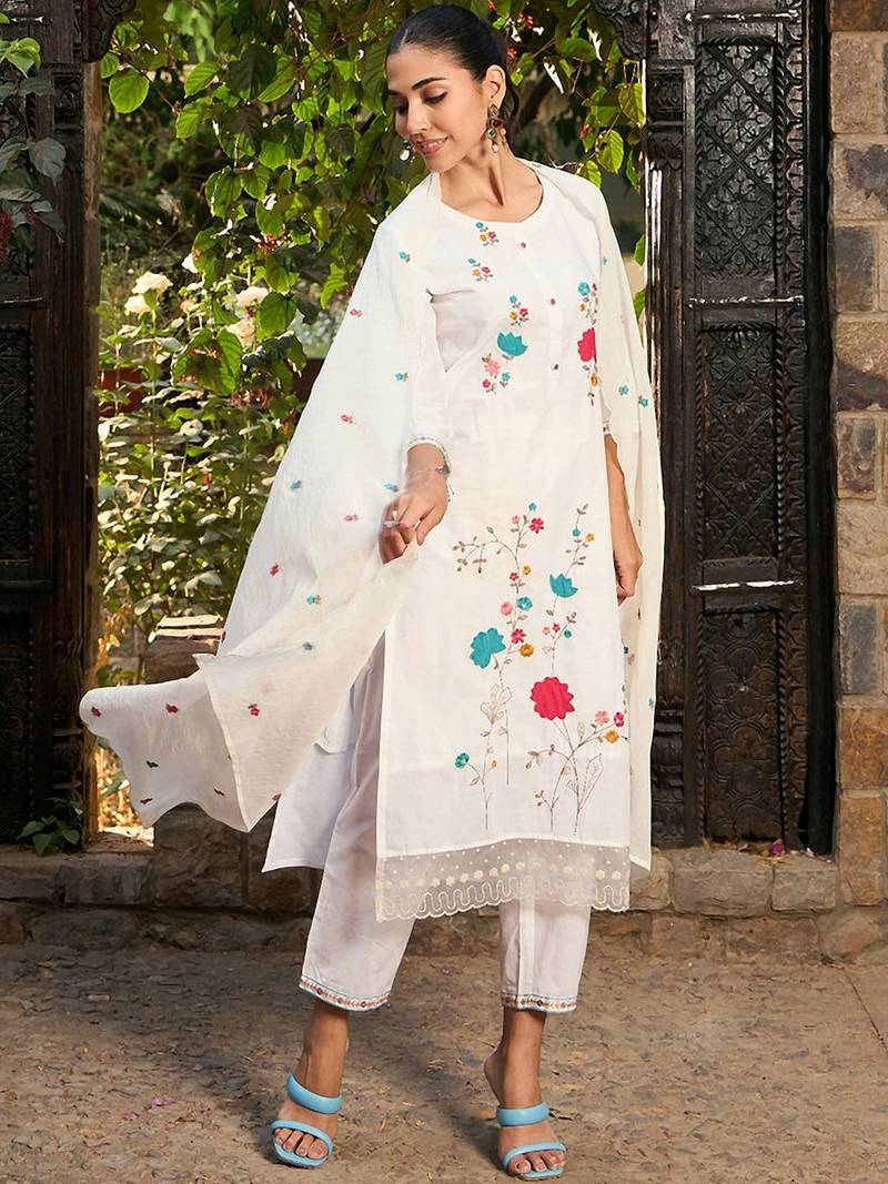 Floral Embroidered Pure Cotton Straight Kurta With Trousers & Dupatta