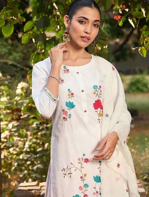 Floral Embroidered Pure Cotton Straight Kurta With Trousers & Dupatta 2