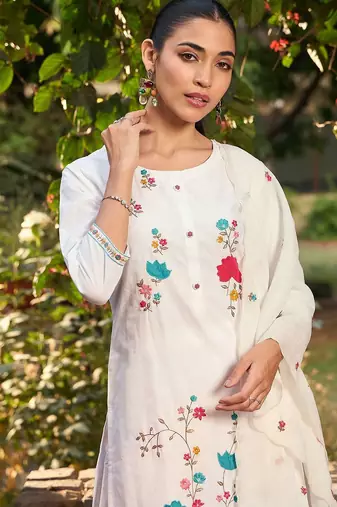 Floral Embroidered Pure Cotton Straight Kurta With Trousers & Dupatta