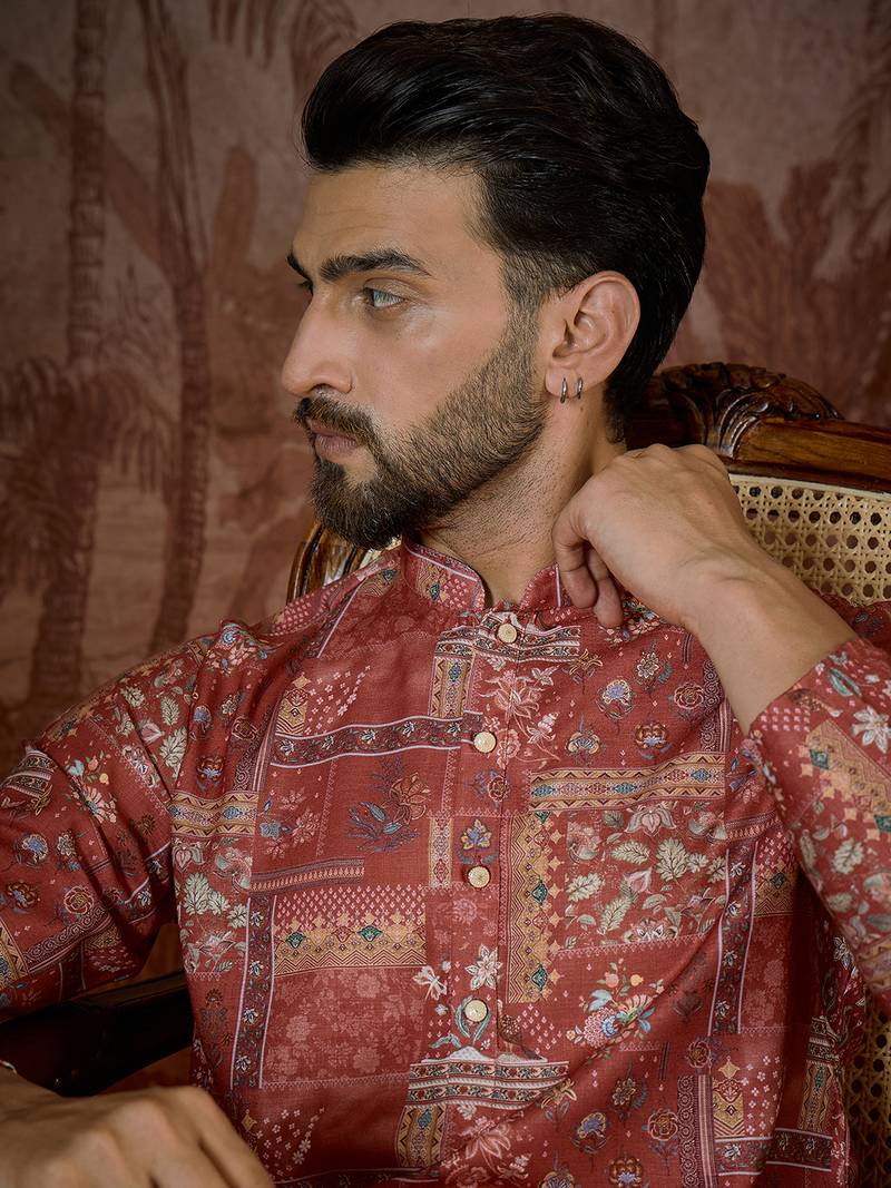 Mens silk blend pink abstract printed kurta
