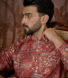 Mens silk blend pink abstract printed kurta