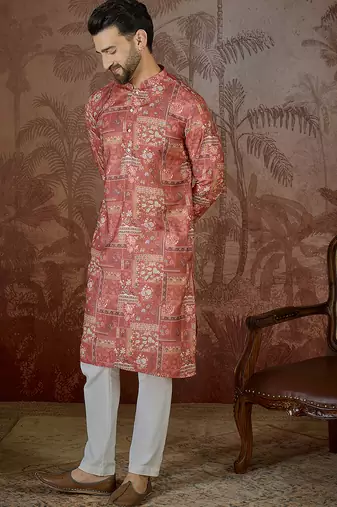 Mens silk blend pink abstract printed kurta