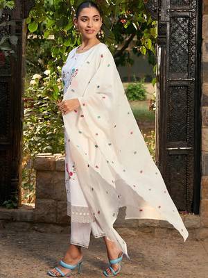 Floral Embroidered Pure Cotton Straight Kurta With Trousers & Dupatta 5
