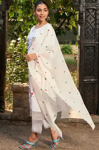 Floral Embroidered Pure Cotton Straight Kurta With Trousers & Dupatta