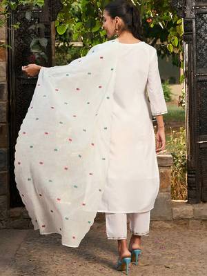 Floral Embroidered Pure Cotton Straight Kurta With Trousers & Dupatta 6