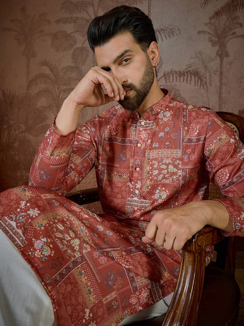 Mens silk blend pink abstract printed kurta