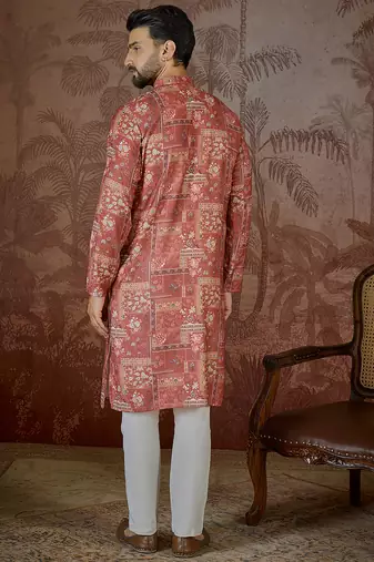 Mens silk blend pink abstract printed kurta