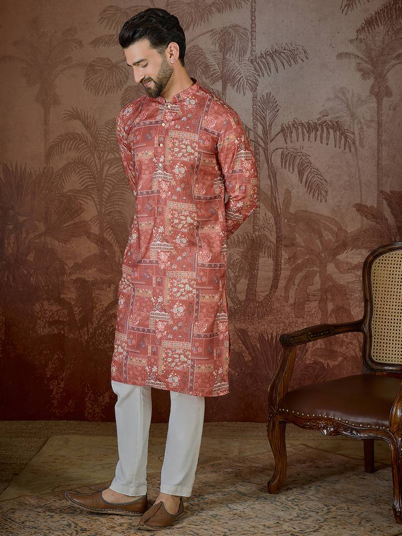 Mens silk blend pink abstract printed kurta