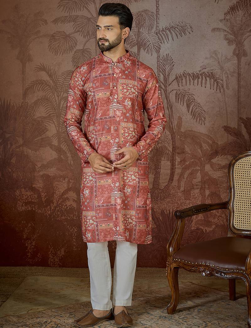 Mens silk blend pink abstract printed kurta