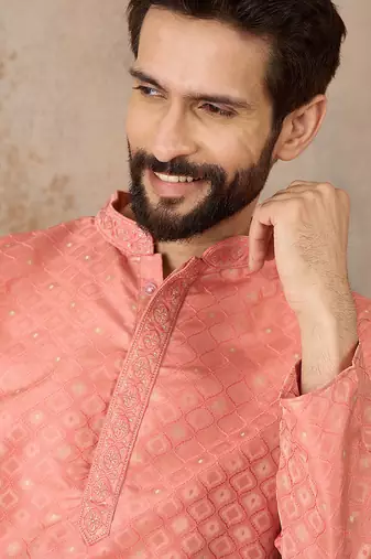 Mens coral jacquard ethnic motifs embroidered kurta