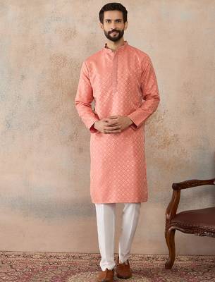 Mens coral jacquard ethnic motifs embroidered kurta 1