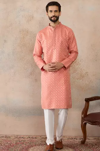 Mens coral jacquard ethnic motifs embroidered kurta