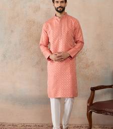 Mens coral jacquard ethnic motifs embroidered kurta