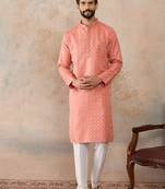 Mens coral jacquard ethnic motifs embroidered kurta