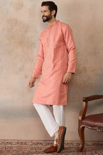 Mens coral jacquard ethnic motifs embroidered kurta