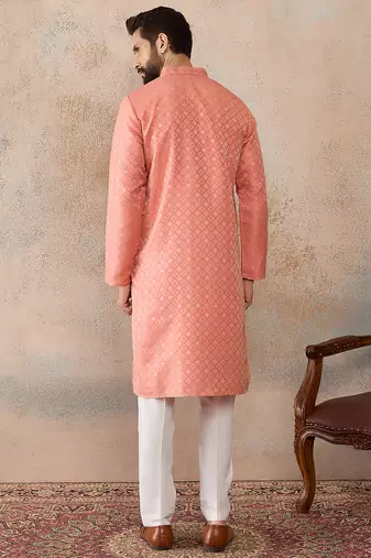 Mens coral jacquard ethnic motifs embroidered kurta