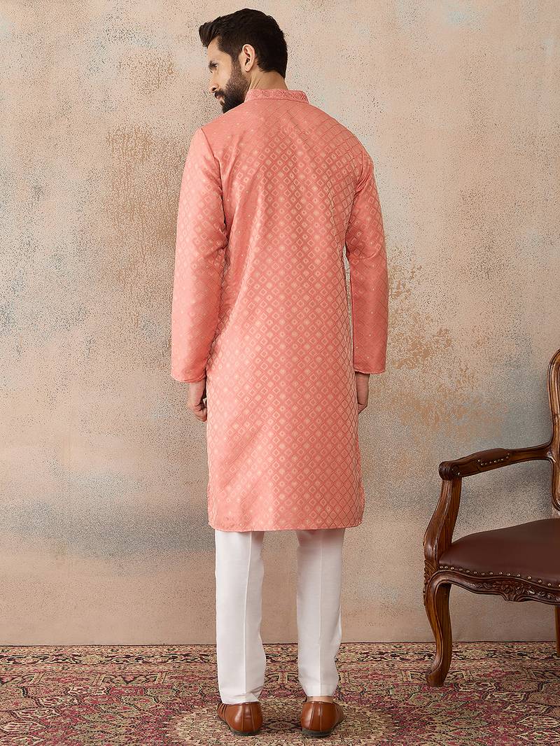 Mens coral jacquard ethnic motifs embroidered kurta