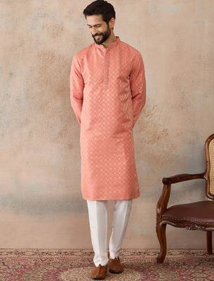 Mens coral jacquard ethnic motifs embroidered kurta 5