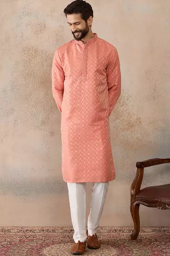 Mens coral jacquard ethnic motifs embroidered kurta