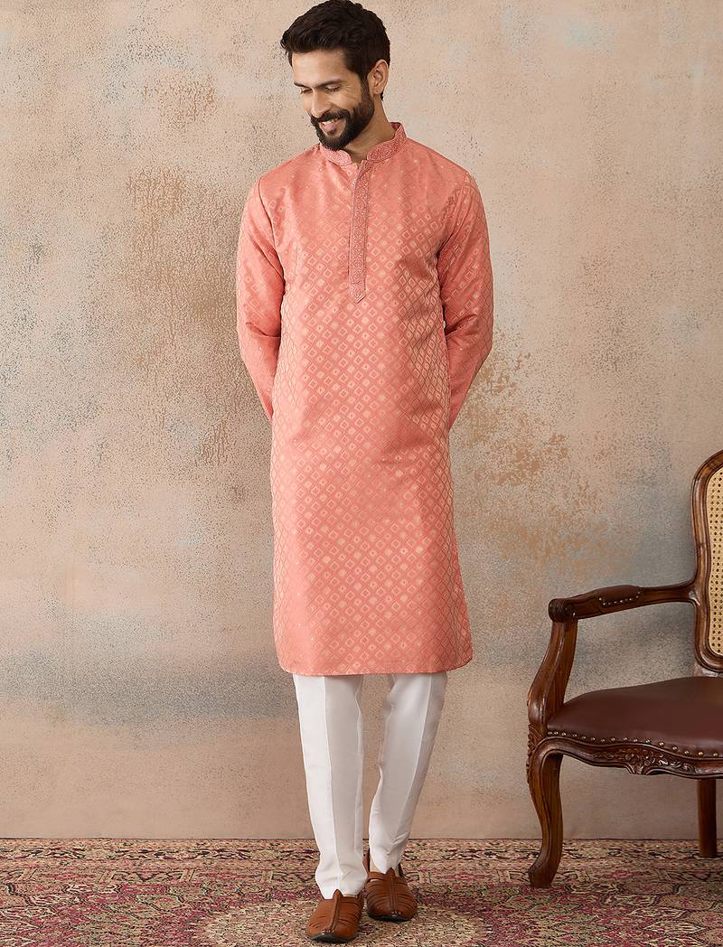 Mens coral jacquard ethnic motifs embroidered kurta