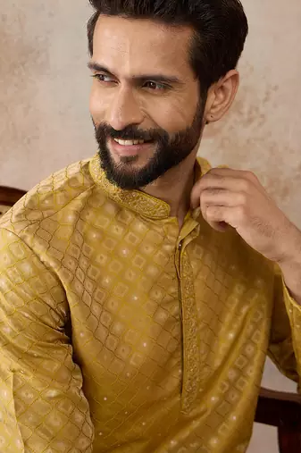 Mens yellow jacquard ethnic motifs embroidered kurta