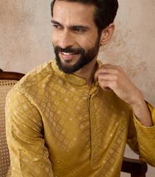Mens yellow jacquard ethnic motifs embroidered kurta