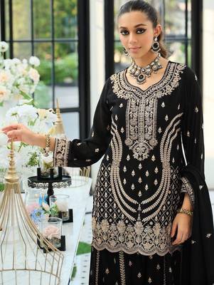 Women Ethnic Motifs Embroidered Regular Thread Work Kurta with Sharara & With Dupatta 4