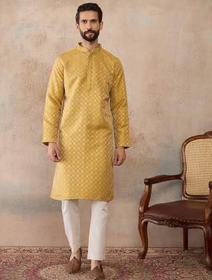 Mens yellow jacquard ethnic motifs embroidered kurta 1