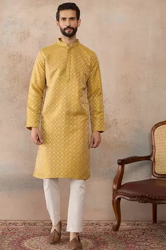 Mens yellow jacquard ethnic motifs embroidered kurta