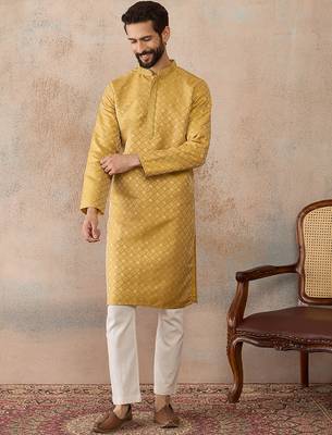 Mens yellow jacquard ethnic motifs embroidered kurta 3
