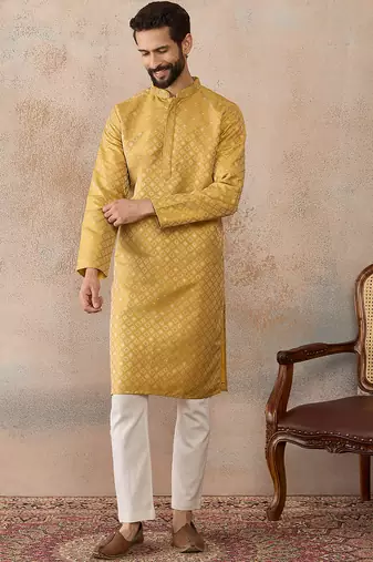 Mens yellow jacquard ethnic motifs embroidered kurta