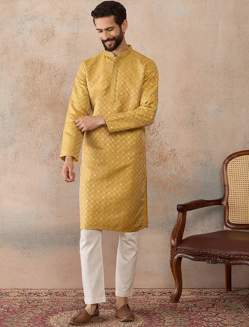 Mens yellow jacquard ethnic motifs embroidered kurta