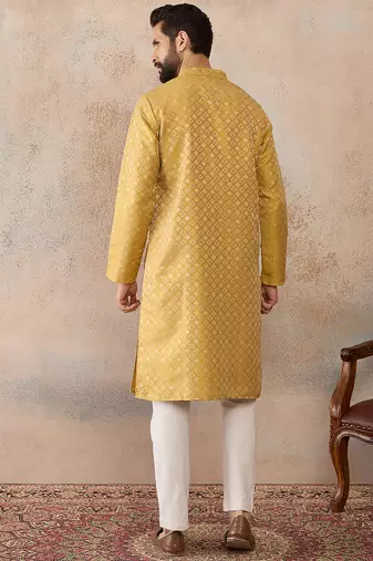 Mens yellow jacquard ethnic motifs embroidered kurta