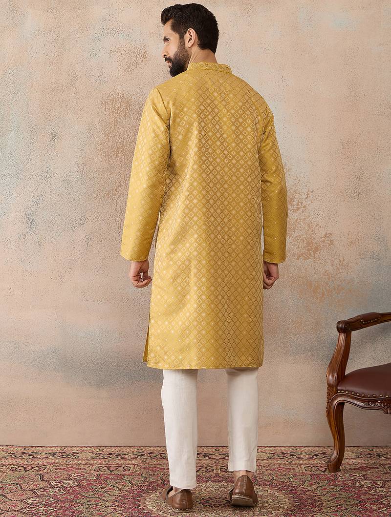 Mens yellow jacquard ethnic motifs embroidered kurta
