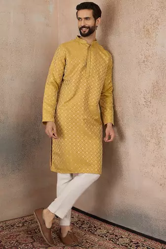 Mens yellow jacquard ethnic motifs embroidered kurta