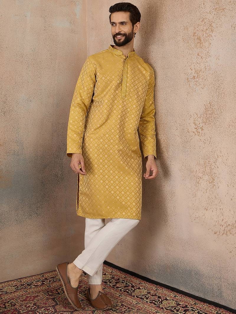 Mens yellow jacquard ethnic motifs embroidered kurta