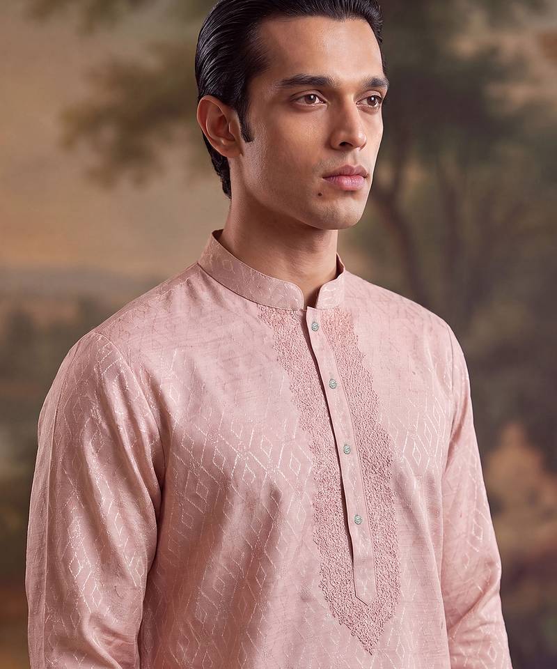 Mens peach linen geometric embroidered kurta with trouser