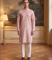 Mens peach linen geometric embroidered kurta with trouser